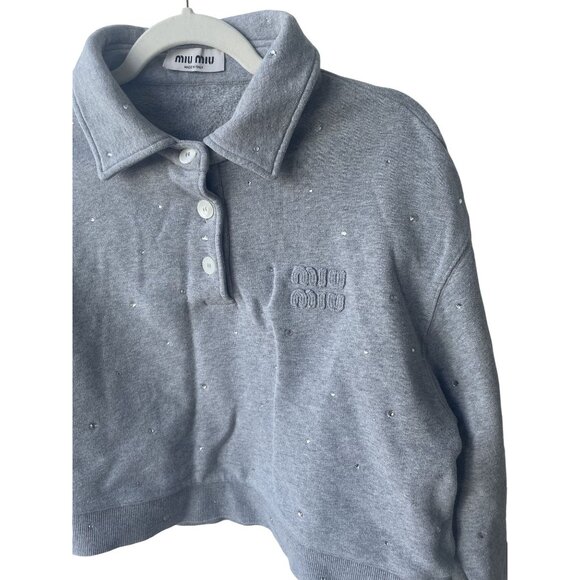 Miu Miu Gray Embellished Cropped Polo Sweatshirt W/ Button Front - Picture 3 of 11